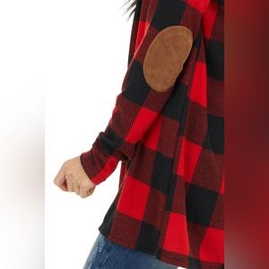 Beeson River Red/Black Cardigan with tan leather elbow patches - Size XL